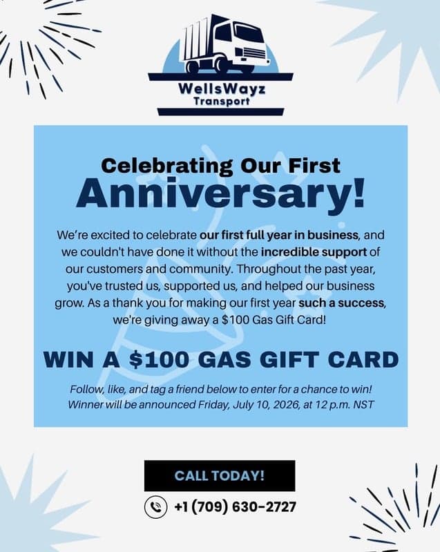 Social media graphic for A Newfoundland moving & transport company: Celebrate year one and give something back
