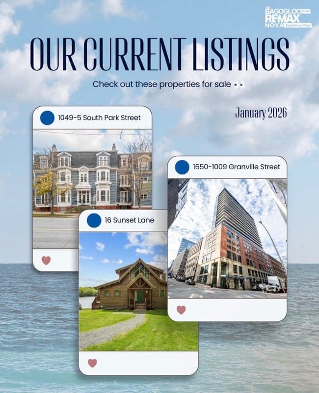 Social media graphic for A Nova Scotia RE/MAX team: A monthly listings roundup in one scroll-stopping card