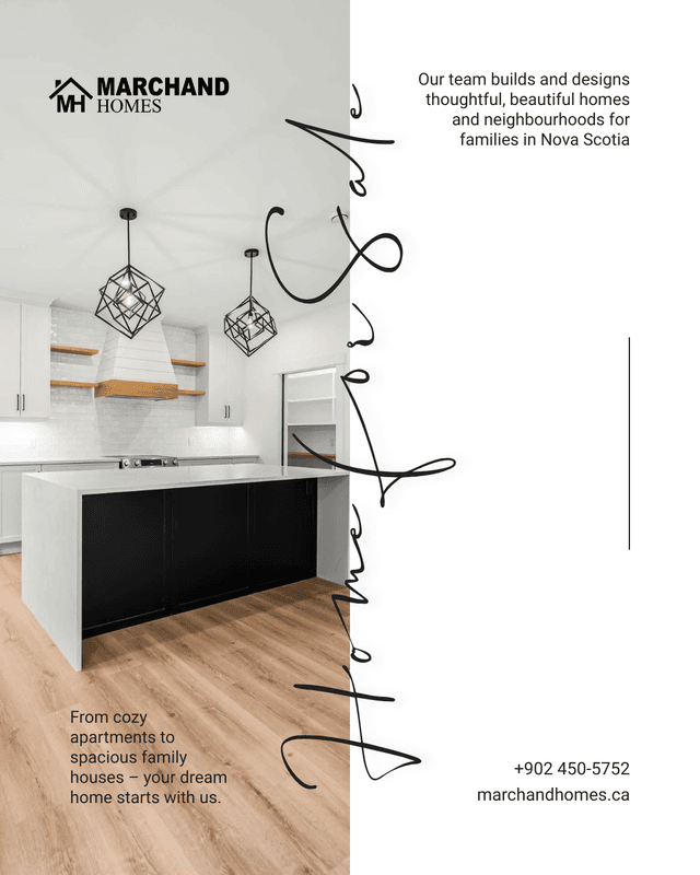 Social media graphic for A Nova Scotia custom home builder: A split-layout for-sale card that reads in two beats