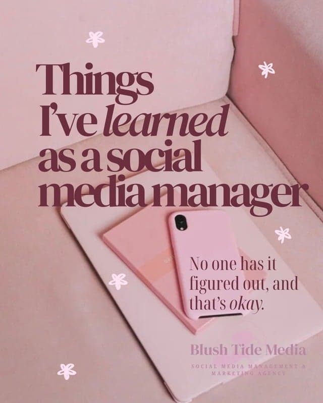 Social media graphic for Blush Tide Media (a social media brand project): Things I've learned as a social media manager