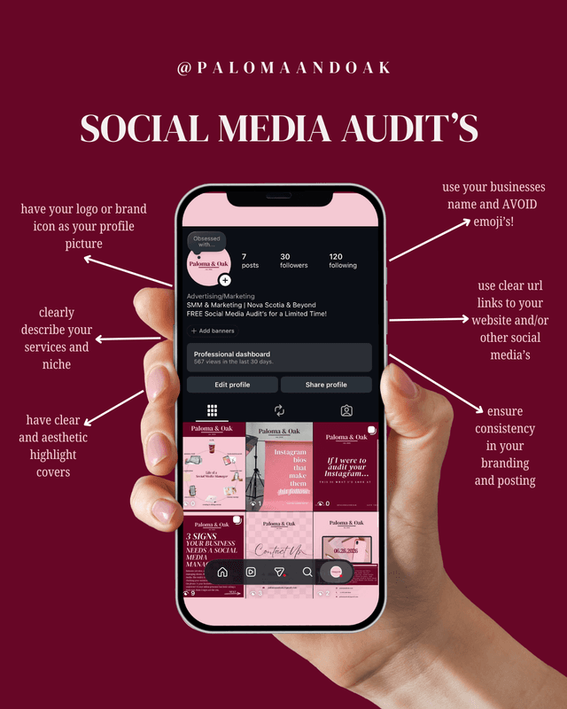 Social media graphic for Paloma & Oak (the studio itself): What a social media audit actually looks at