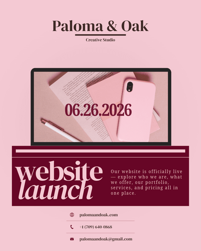 Social media graphic for Paloma & Oak (the studio itself): Launch day, in the brand's own voice