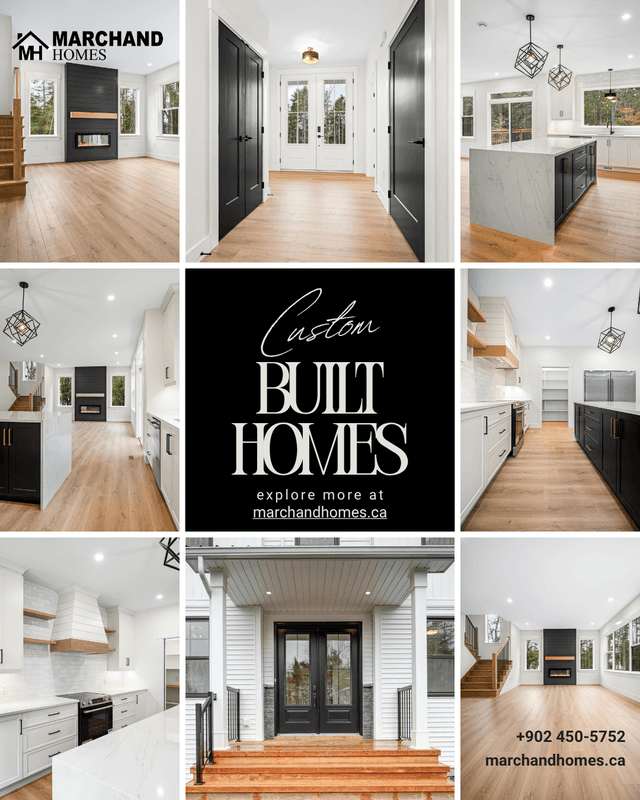 Social media graphic for A Nova Scotia custom home builder: Nine interiors, one grid, zero clutter